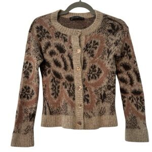 Peruvian Connection Baby Alpaca Crop Cardigan Sweater Brown Tan Extra Small